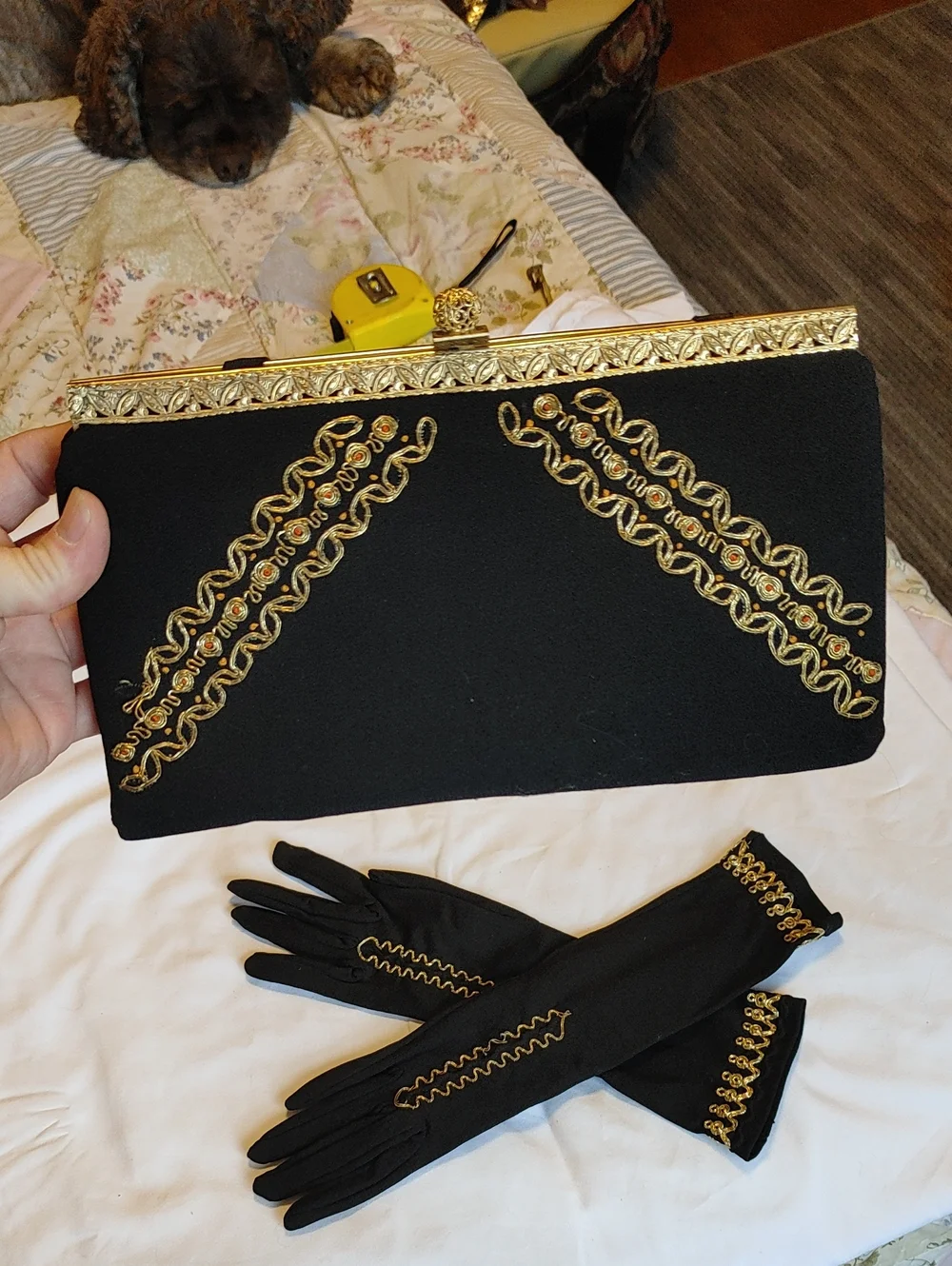 Authentic 1950s Black And Gold Clutch With Matching Gloves